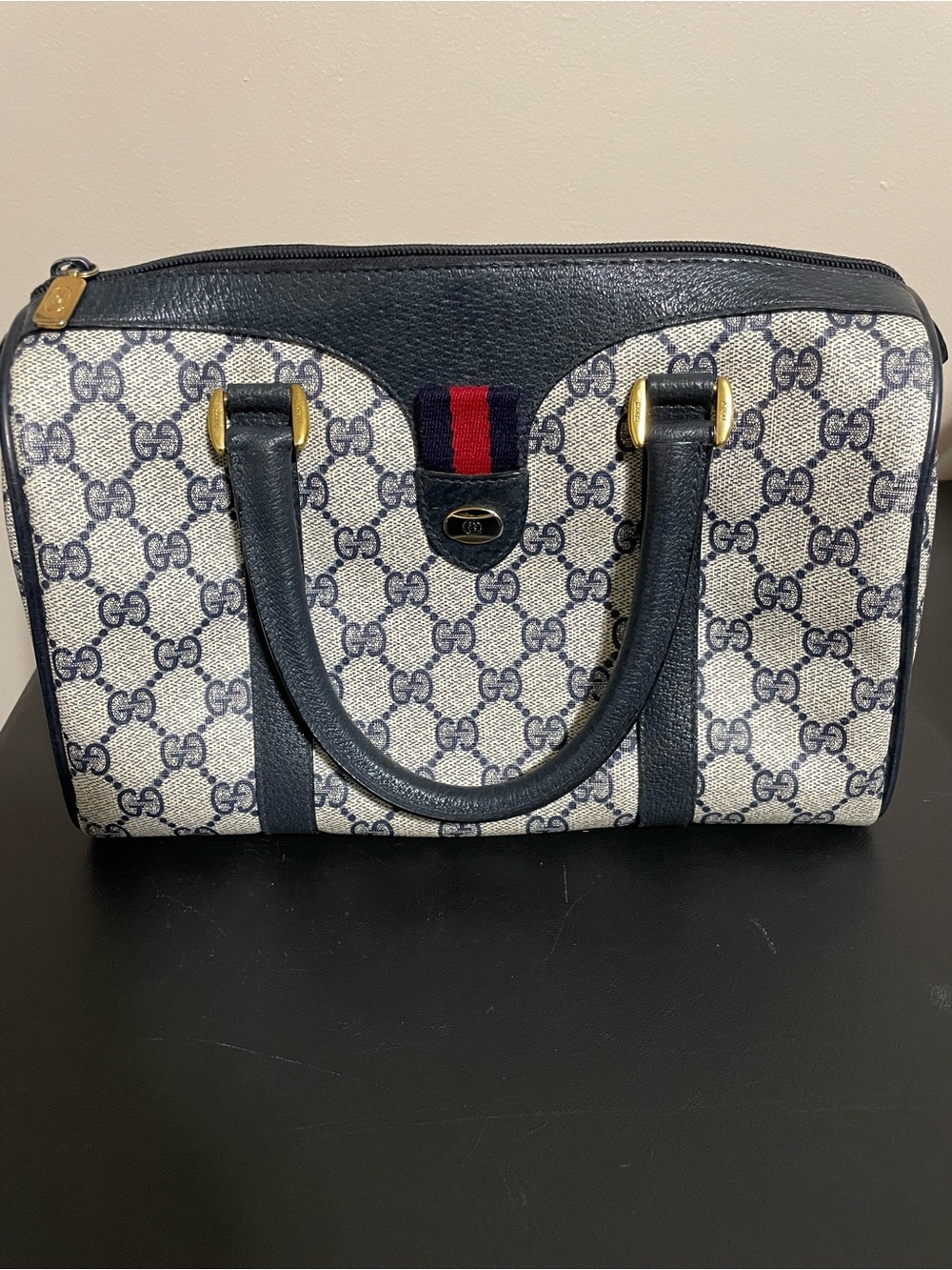 Gucci Accessory Collection GG Navy Supreme/Sherry Line Mini Boston Bag